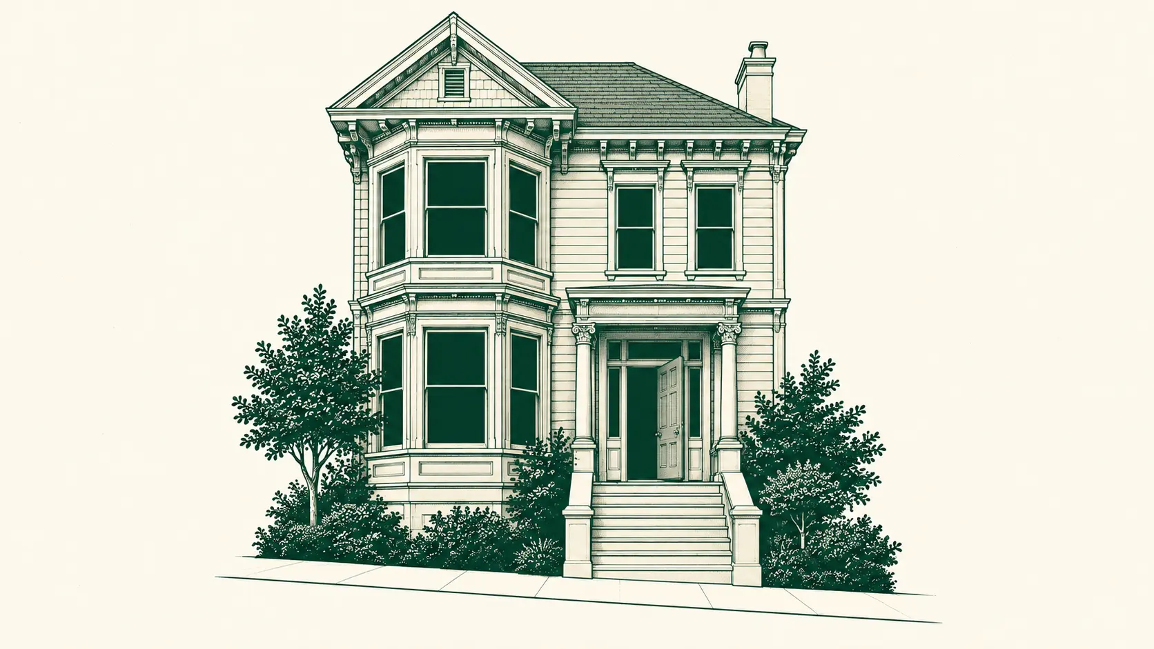 Forest-green architectural illustration of a San Francisco house with its front door slightly open