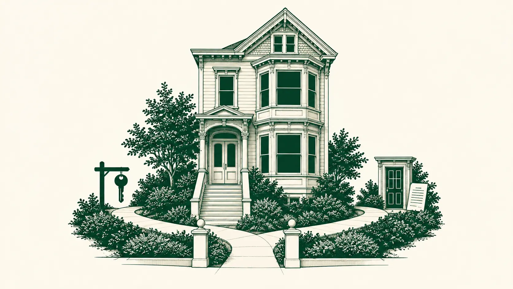Forest-green illustration of a San Francisco house with two garden paths representing selling and renting