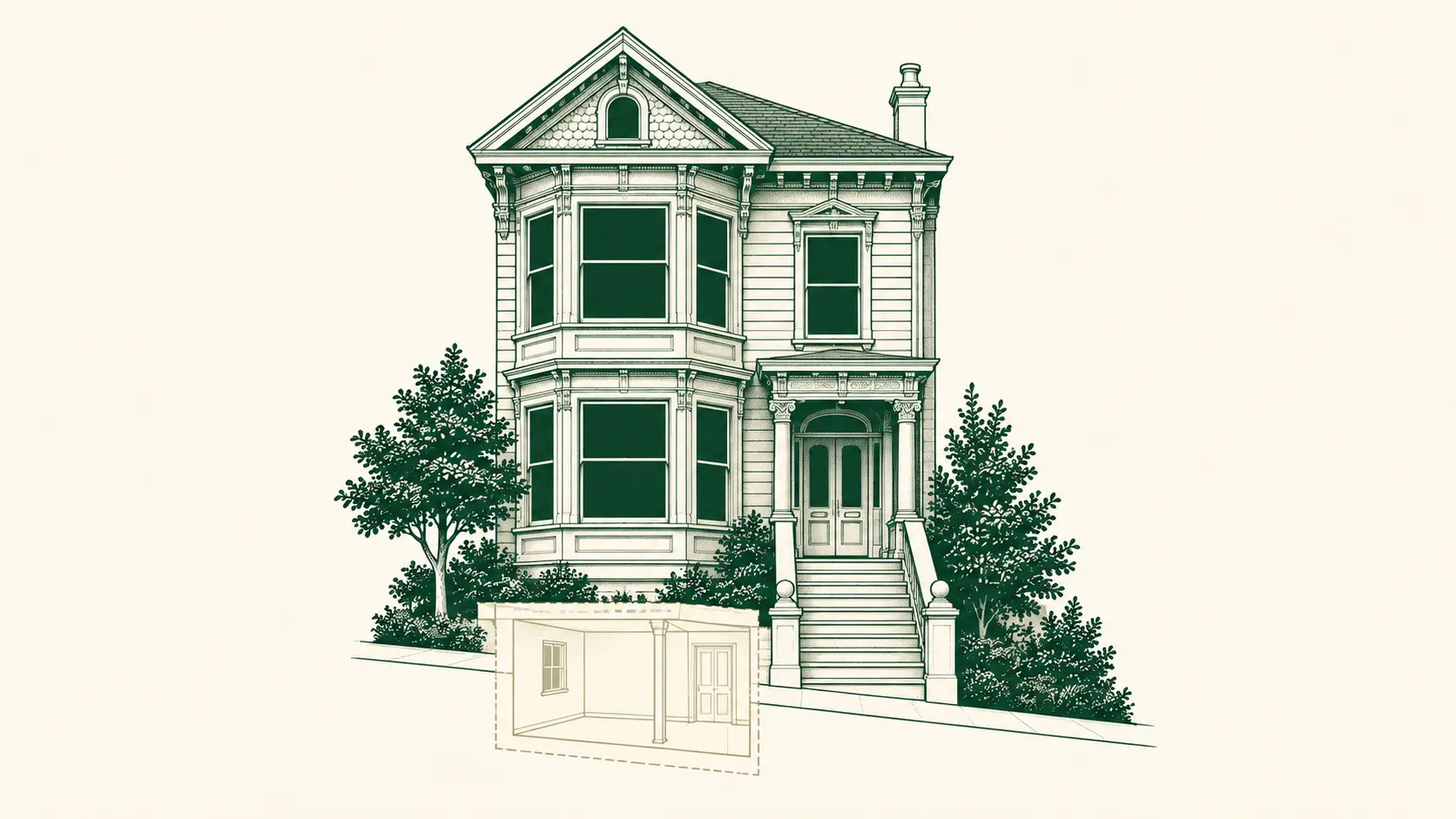 Forest-green architectural illustration of a San Francisco house with a lightly outlined lower-level room
