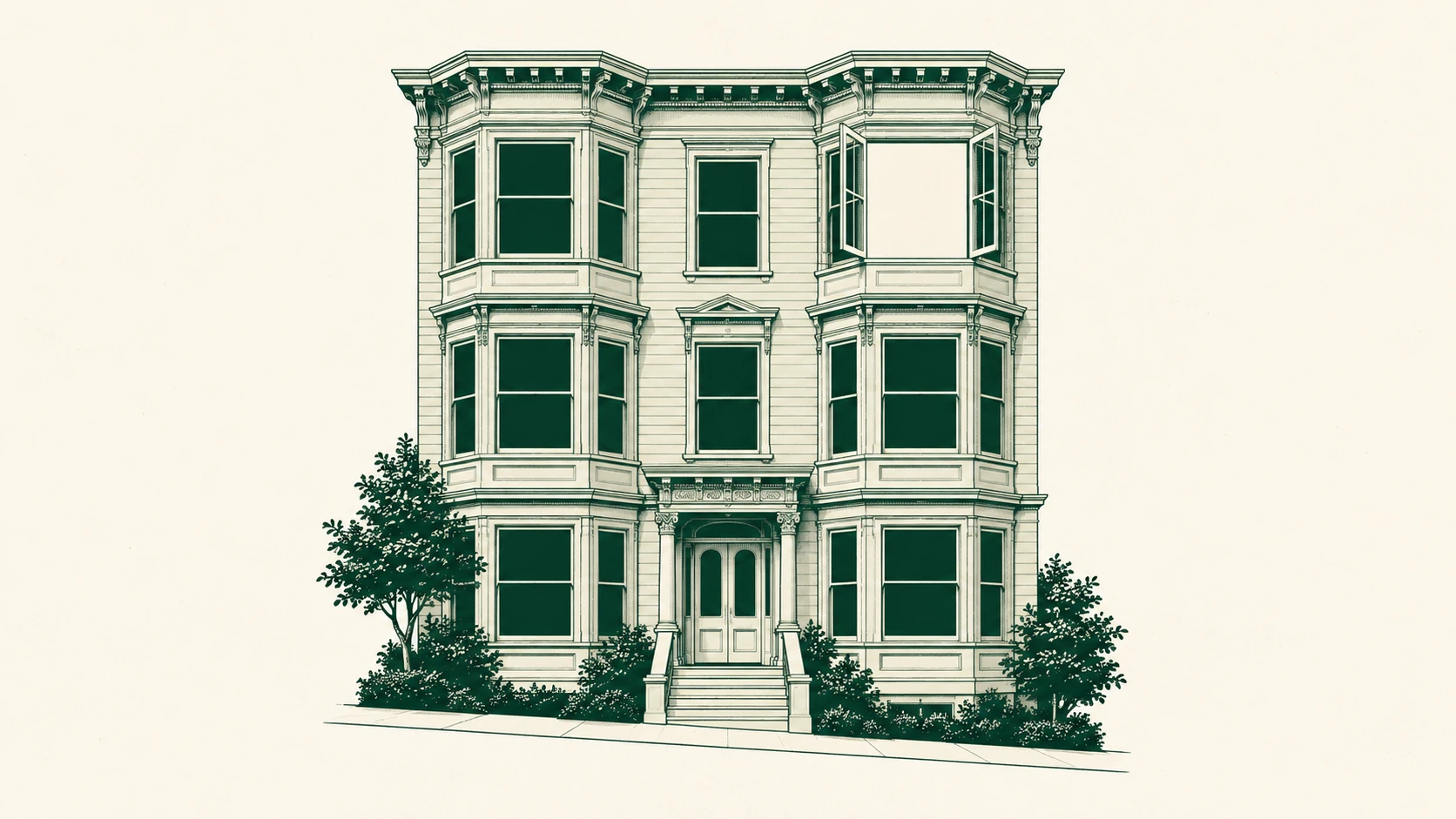 Forest-green illustration of a San Francisco apartment building with one open, cream-colored window bay